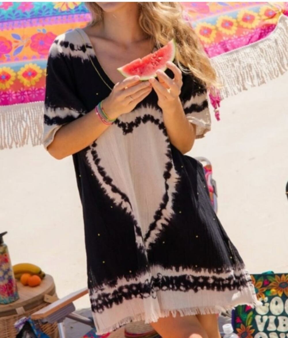 NATURAL LIFE Sayulita Kaftan Cover Up Tunic Top tan and black OS.